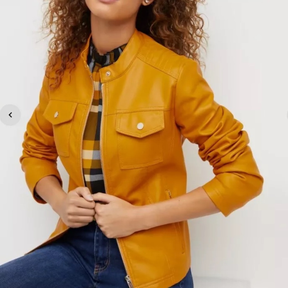 New York & Co Woman's Faux Leather Double Pocket Jacket Yellow Medium